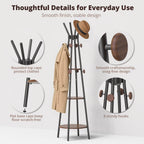 young master Coat Rack, Freestanding Coat Rack with 3 Shelves and 12 Hooks, Coat tree with Motion Sensor Light for Entryway, Livingroom, Hall Tree Free Standing for Coats, Scarves, Handbags, Black