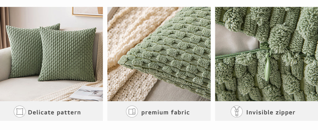 MIULEE Pack of 2 Decorative Throw Pillow Covers 18x18 Inch Soft Boho Striped Textured Corduroy Pillow Covers Spring Modern Farmhouse Home Decor for Couch Bed Sofa Living Room Sage Green