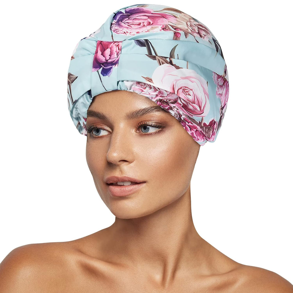 Luxury Shower Cap for Women Reusable Waterproof, Double Layered Shower Hair Cap with Adjustable Elastic Strap, Large Satin Lined Shower Bath Cap for Long Curly Straight Hair, Blue