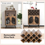 Giantex Farmhouse Wine Bar Cabinet, 11 Bottles Rack, Buffet Cabinet with Storage, Industrial Kitchen Sideboard, Anti-Tipping Design, 2 Doors, Glass Holder, for Living Room (Brown & Black)