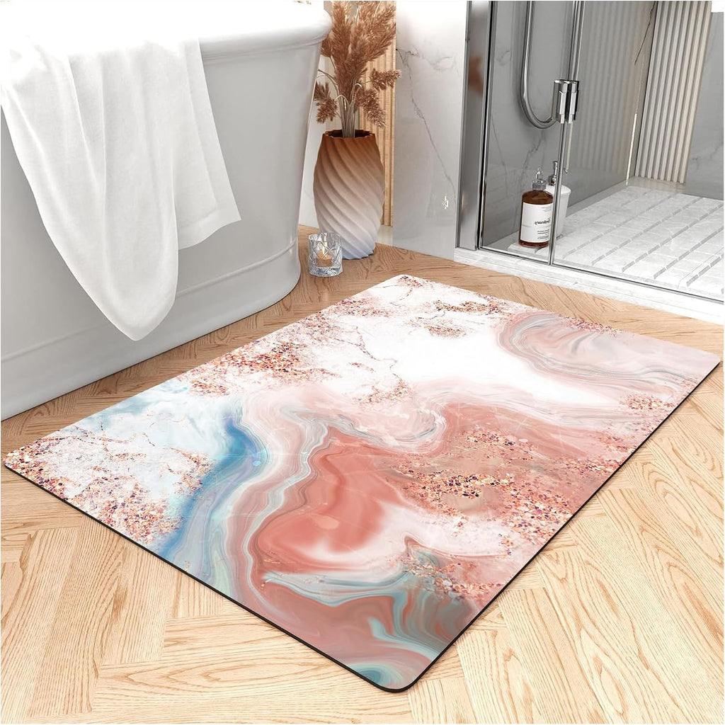 Thin Bath Mat, Diatomaceous Earth Shower Mat Non Slip Instantly Removes Water Drying Fast Bathroom Mat Modern Abstract Wave Marble Texture Easy to Clean (3x5ft/36x60in/90x150cm, Pink)