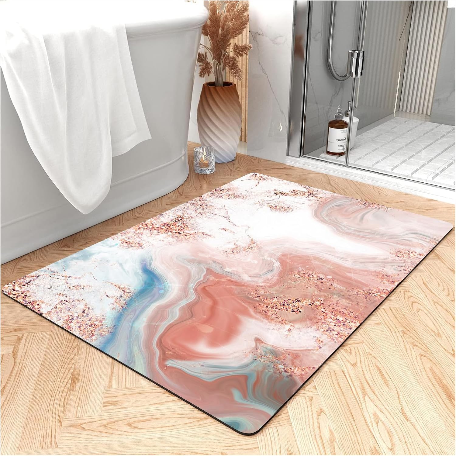 Thin Bath Mat, Diatomaceous Earth Shower Mat Non Slip Instantly Removes Water Drying Fast Bathroom Mat Modern Abstract Wave Marble Texture Easy to Clean (3x5ft/36x60in/90x150cm, Pink)