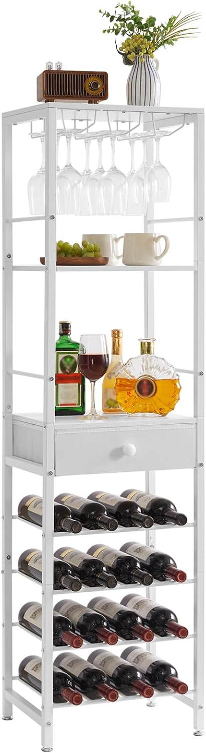 IBUYKE Wine Rack Freestanding Floor, Bar Cabinet for Liquor and Glasses,4-Tier Wood Coffee Bar Cabinet,Glass Holder and Storage Drawer for Home Bar Kitchen Living Room,Rustic Brown UTMJ905H