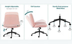 Criss Cross Chair with Wheels Wide Cross Legged Office Desk Vanity Chair Comfy Fabric Armless Adjustable Swivel for Home Computer Task Teddy Pink