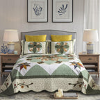 Quilts Queen Size Patchwork Bedspread Set - 100% Cotton Reversible Breathable Green Earth Geometric Quilted Quilt with Pillow Shams for All Seasons