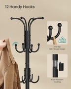 Coat Rack Freestanding with Umbrella Holder, Metal Coat Rack Stand with 12 Hooks, for Entryway, Hallway, Living Room, Bedroom, Ink Black URCR082BH02S