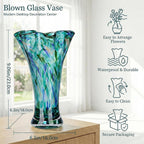 9.0" H Teal Glass Vases for Flowers, Unique Hand Blown Glass Vase Green Home Decor, Wide Mouth Colorful Flower Vase Centerpieces, for Living Room Table Bookshelf, Bathroom Office Shelf Decorative