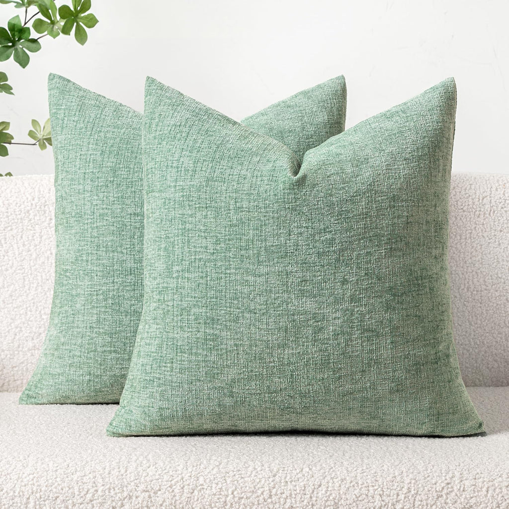 MIULEE Pack of 2 Couch Throw Pillow Covers 18x18 Inch Spring Soft Sage Green Chenille Pillow Covers for Sofa Living Room Solid Dyed Pillow Cases