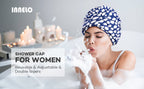 Luxury Shower Cap for Women Reusable Waterproof, Double Layered Shower Hair Cap with Adjustable Elastic Strap, Large Satin Lined Shower Bath Cap for Long Curly Straight Hair, Blue
