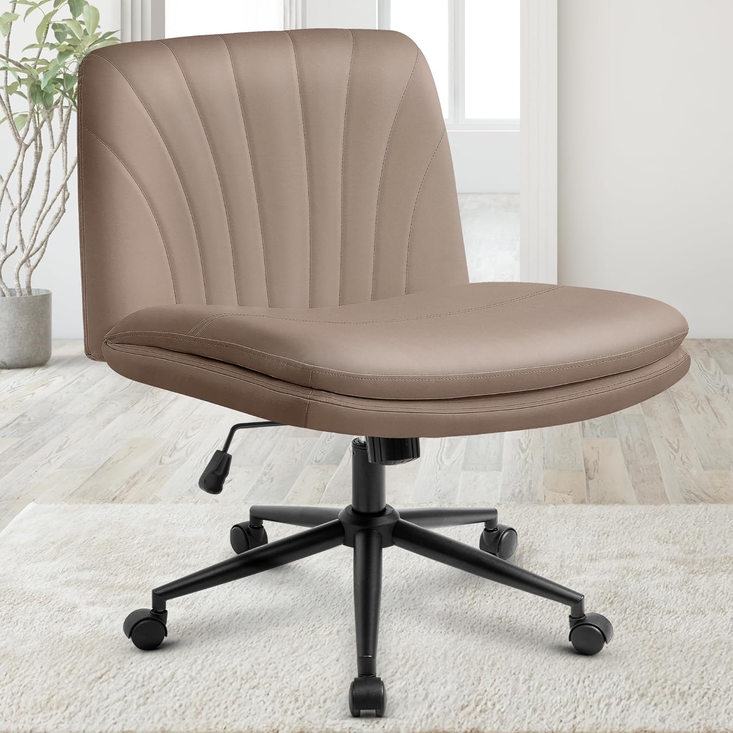 Chair Wheels Wide Cross Legged Office Desk Vanity Chair Comfy Fabric Armless Adjustable Swivel for Home Computer Task (Beige Wheel, Fabric)