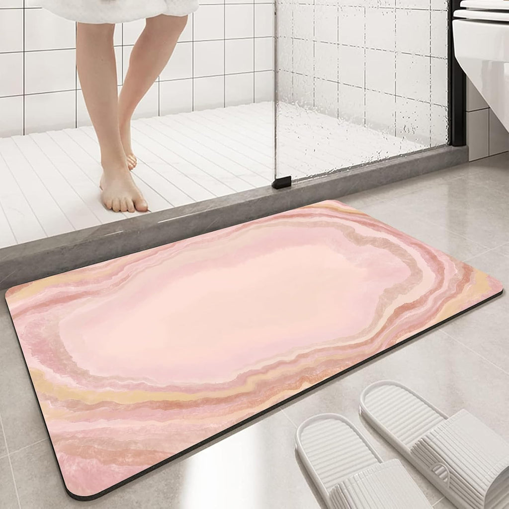 Thin Bath Mat, Diatomaceous Earth Shower Mat Non Slip Instantly Removes Water Drying Fast Bathroom Mat Modern Abstract Wave Marble Texture Easy to Clean (3x5ft/36x60in/90x150cm, Pink)