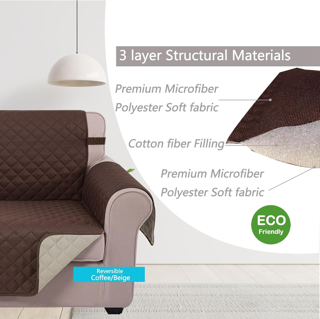 Reversible Sofa Cover Washable Couch Cover for Dogs Friendly with Elastic Straps Water Repellent Furniture Protector for 3 Cushion Couch (Sofa, Coffee/Beige)