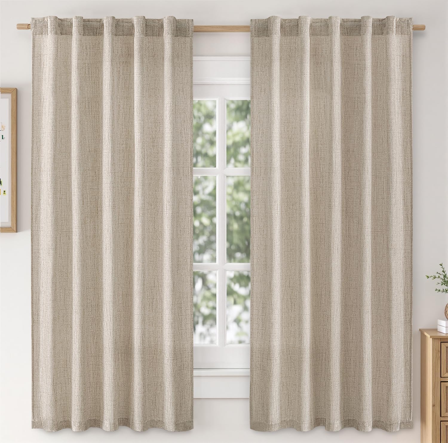 Linen Curtains 84 Inch Length 2 Panels Natural Semi Sheer Curtain with Back Tab Rod Pocket, Light Filtering Window Privacy Burlap Drapes for Living Room Bedroom 42W x 84L Linen