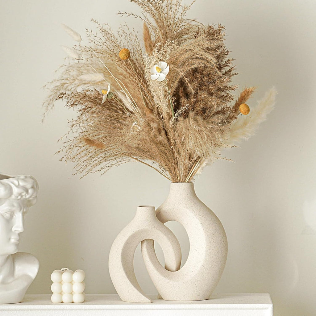 Ceramic Vase Set of 2, Nordic Modern Boho ins Style Decorative Ceramic Aesthetic Flower Vase for Home Decor (Milky White W 6.3" X H 8.4")