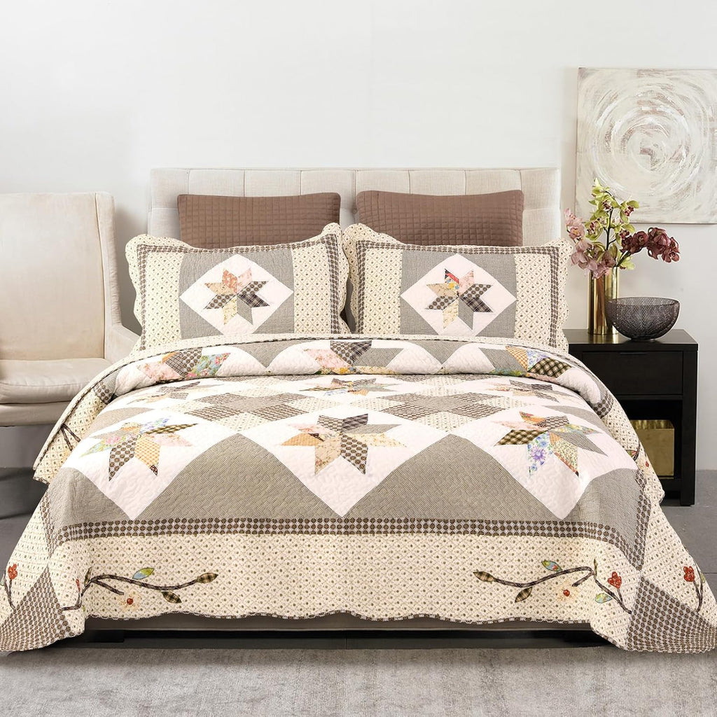 Quilts Queen Size Patchwork Bedspread Set - 100% Cotton Reversible Breathable Green Earth Geometric Quilted Quilt with Pillow Shams for All Seasons