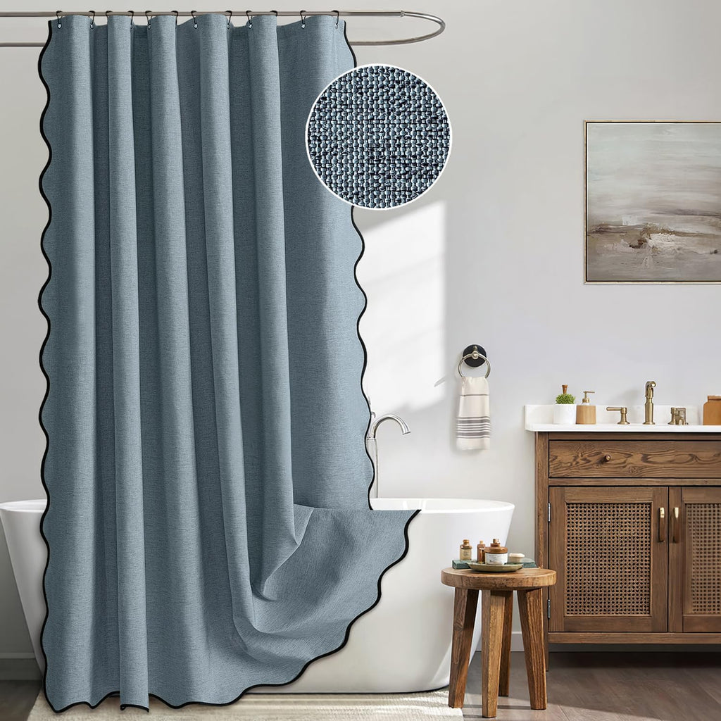 Beige Scalloped Shower Curtain Linen Textured with 12 Metal Hooks Cute Heavy Duty Washable Waterproof Neutral Thick Cloth Shower Curtains with Black Border for Bathroom Bathtub,W72*L72 Cream