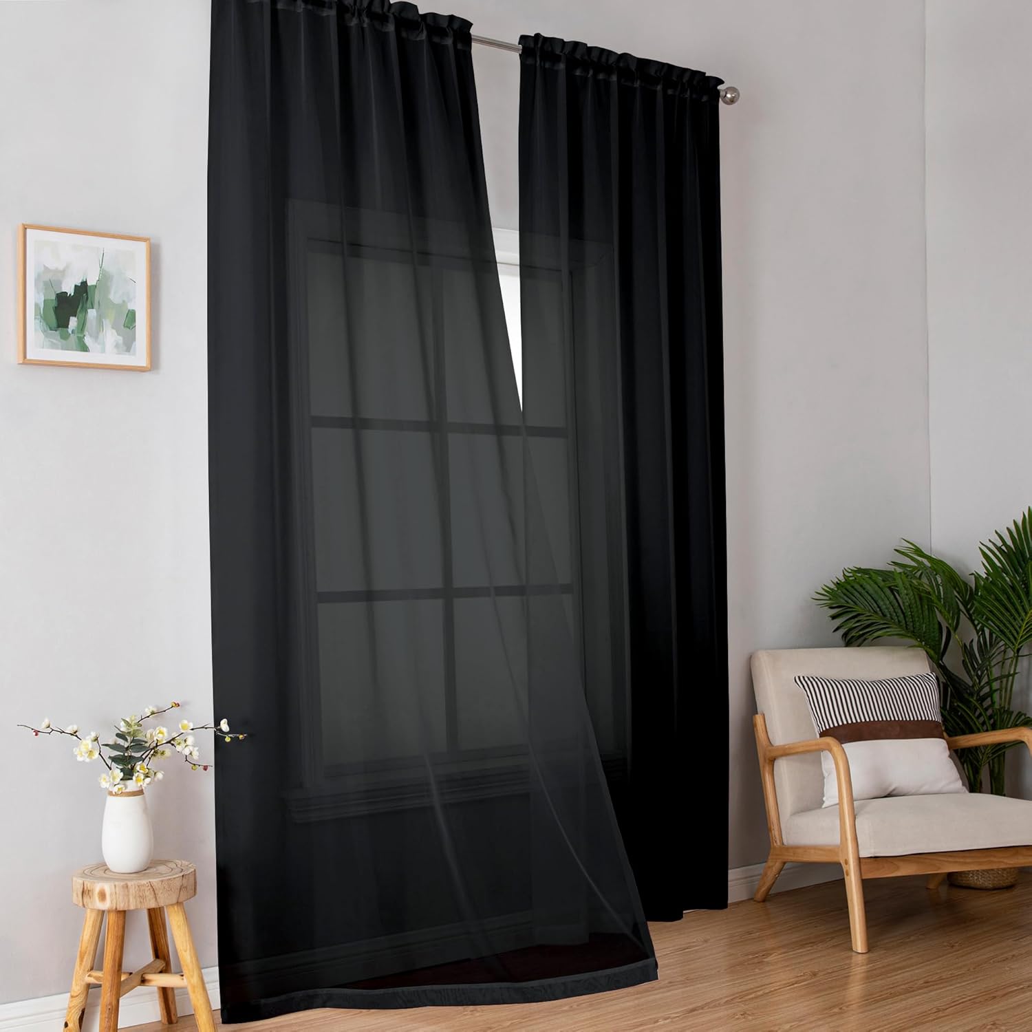 Black Sheer Curtains 63 Inch Length 2 Panels, Rod Pocket Solid Color Window Sheer Curtain Panels, Elegant Curtains & Drapes for Living Room, Bedroom 2 Panels (Black, 42" W x 63" L)