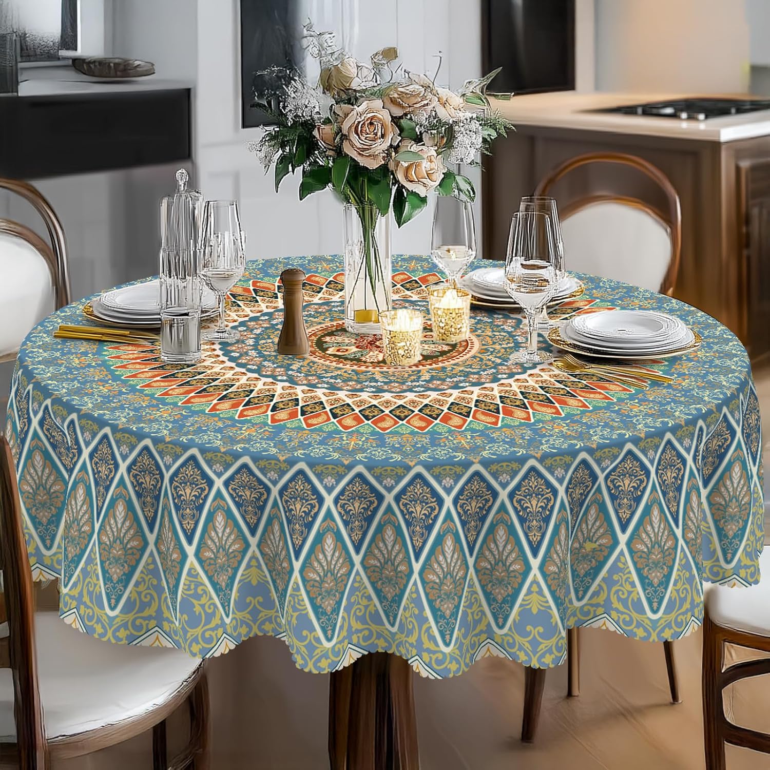 Bohemia Round Tablecloth,Tablecloth Waterproof and Wrinkle-Free, Boho Table Covers, Summer Decorations for Home 60inch