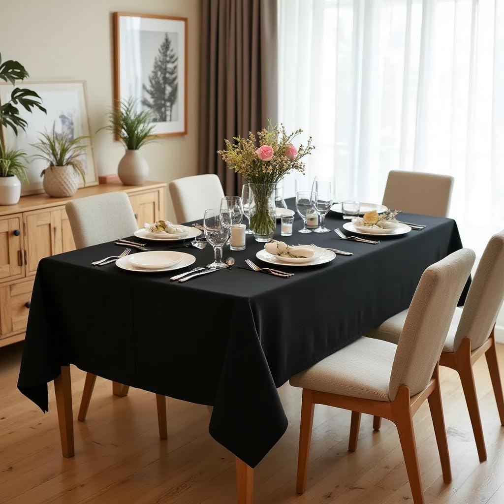 Rectangle Tablecloth - 60 x 84 Inch - Stain and Wrinkle Resistant Washable Polyester Table Cloth, Decorative Fabric Table Cover for Dining Tables, Buffet Parties and Camping, Black