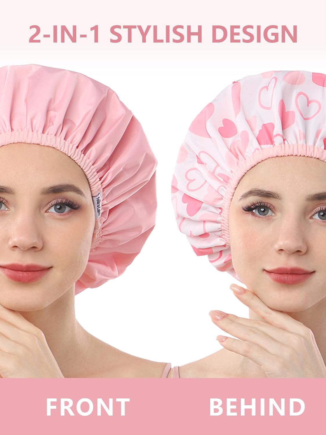 Shower Caps for Women Reusable Waterproof, Double Layer Waterproof Fabric - Both Sides Usable, Reversible Pattern & Solid Color Design, Soft Elastic Keeps Hair Dry for shower Spa Travel