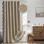 Beige Scalloped Shower Curtain Linen Textured with 12 Metal Hooks Cute Heavy Duty Washable Waterproof Neutral Thick Cloth Shower Curtains with Black Border for Bathroom Bathtub,W72*L72 Cream
