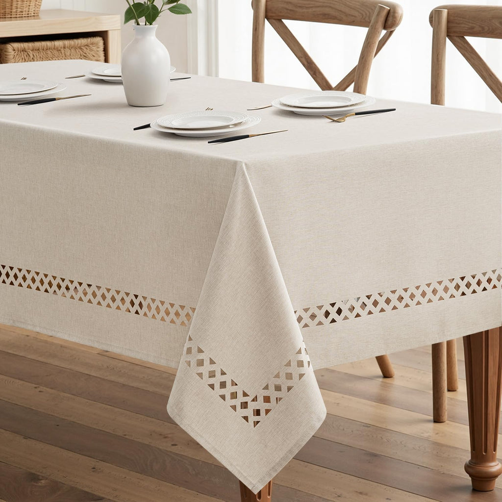 Beige Rectangle Linen Polyester Tablecloth with Decorative Cutouts Spring Waterproof Stain Resistant & Shrink-Proof Table Cloth 52x70 inch Farmhouse Style for Dining Wedding and Outdoor