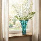 9.0" H Teal Glass Vases for Flowers, Unique Hand Blown Glass Vase Green Home Decor, Wide Mouth Colorful Flower Vase Centerpieces, for Living Room Table Bookshelf, Bathroom Office Shelf Decorative