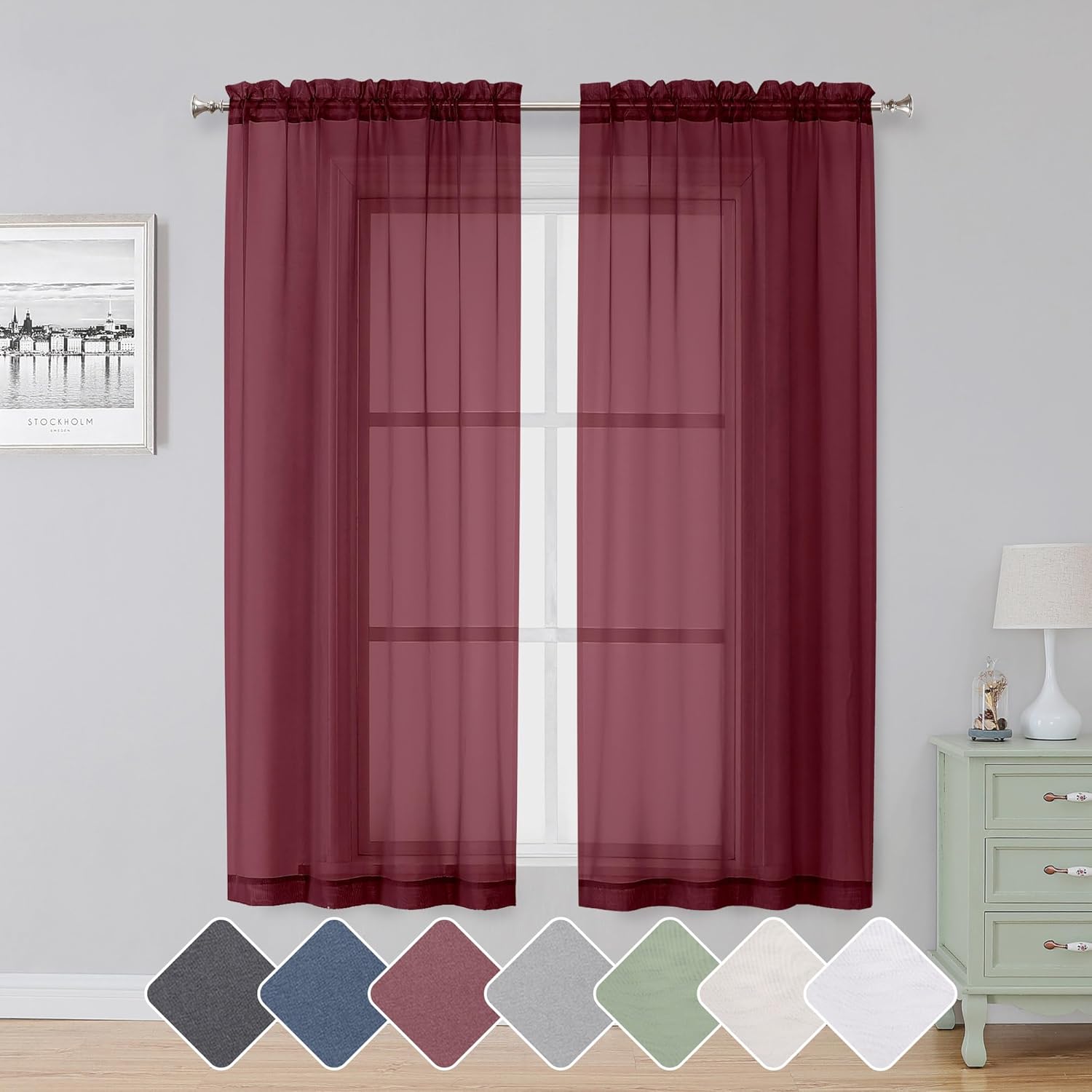 Black Sheer Curtains 63 Inch Length 2 Panels, Rod Pocket Solid Color Window Sheer Curtain Panels, Elegant Curtains & Drapes for Living Room, Bedroom 2 Panels (Black, 42" W x 63" L)