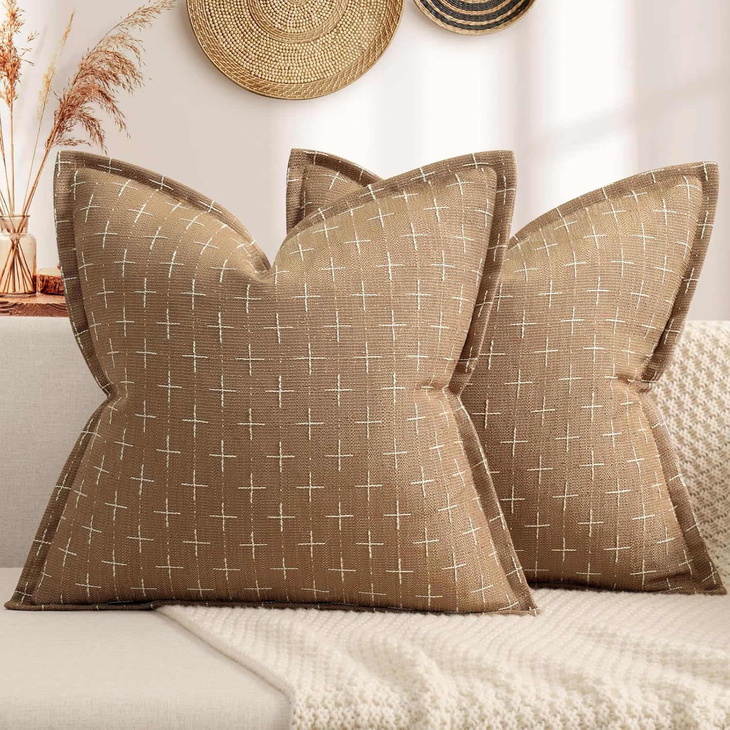 ZWJD Pillow Covers 18x18 Set of 2 Soft Polyester Textured Pillow Covers with Stylish Flange Edge Cozy Farmhouse Throw Pillows for Couch Bed Sofa Living Room