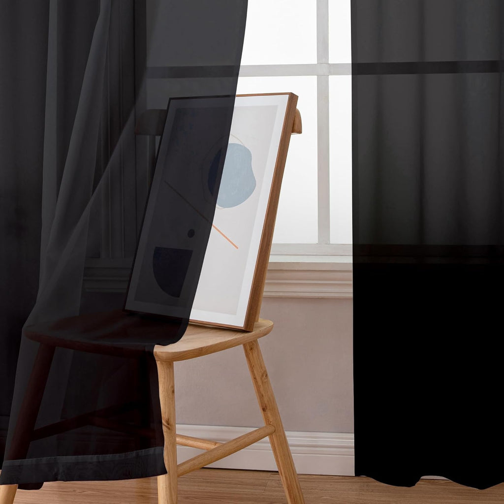 Black Sheer Curtains 63 Inch Length 2 Panels, Rod Pocket Solid Color Window Sheer Curtain Panels, Elegant Curtains & Drapes for Living Room, Bedroom 2 Panels (Black, 42" W x 63" L)