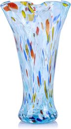 9.0" H Teal Glass Vases for Flowers, Unique Hand Blown Glass Vase Green Home Decor, Wide Mouth Colorful Flower Vase Centerpieces, for Living Room Table Bookshelf, Bathroom Office Shelf Decorative